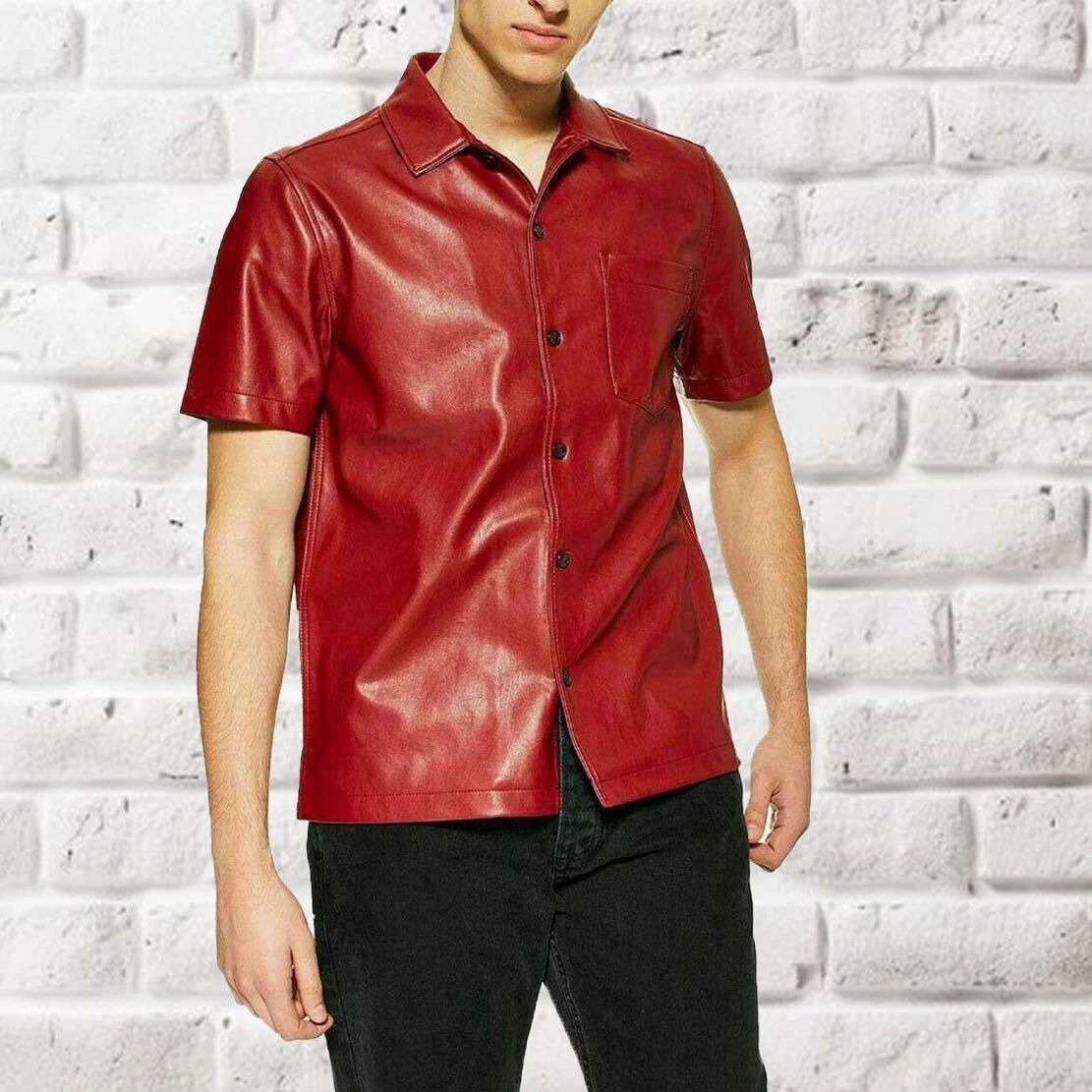 New Men's Soft Red Lambskin Leather Shirt Jacket Collared Slim Fit Outfit
