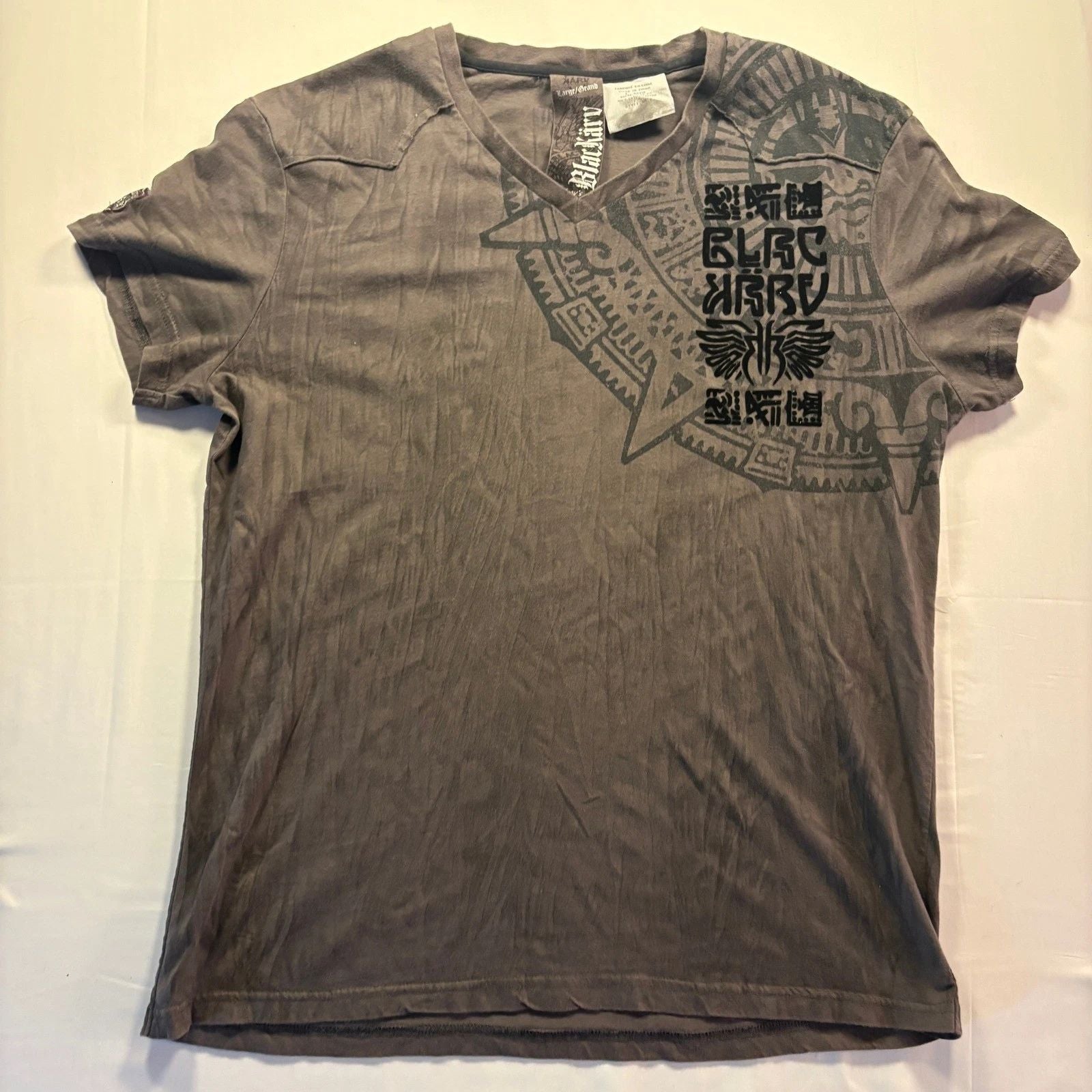 Blackkavv Mens Graphic V-Neck T-Shirt Gray Aztec Bird Print Size Large Cotton