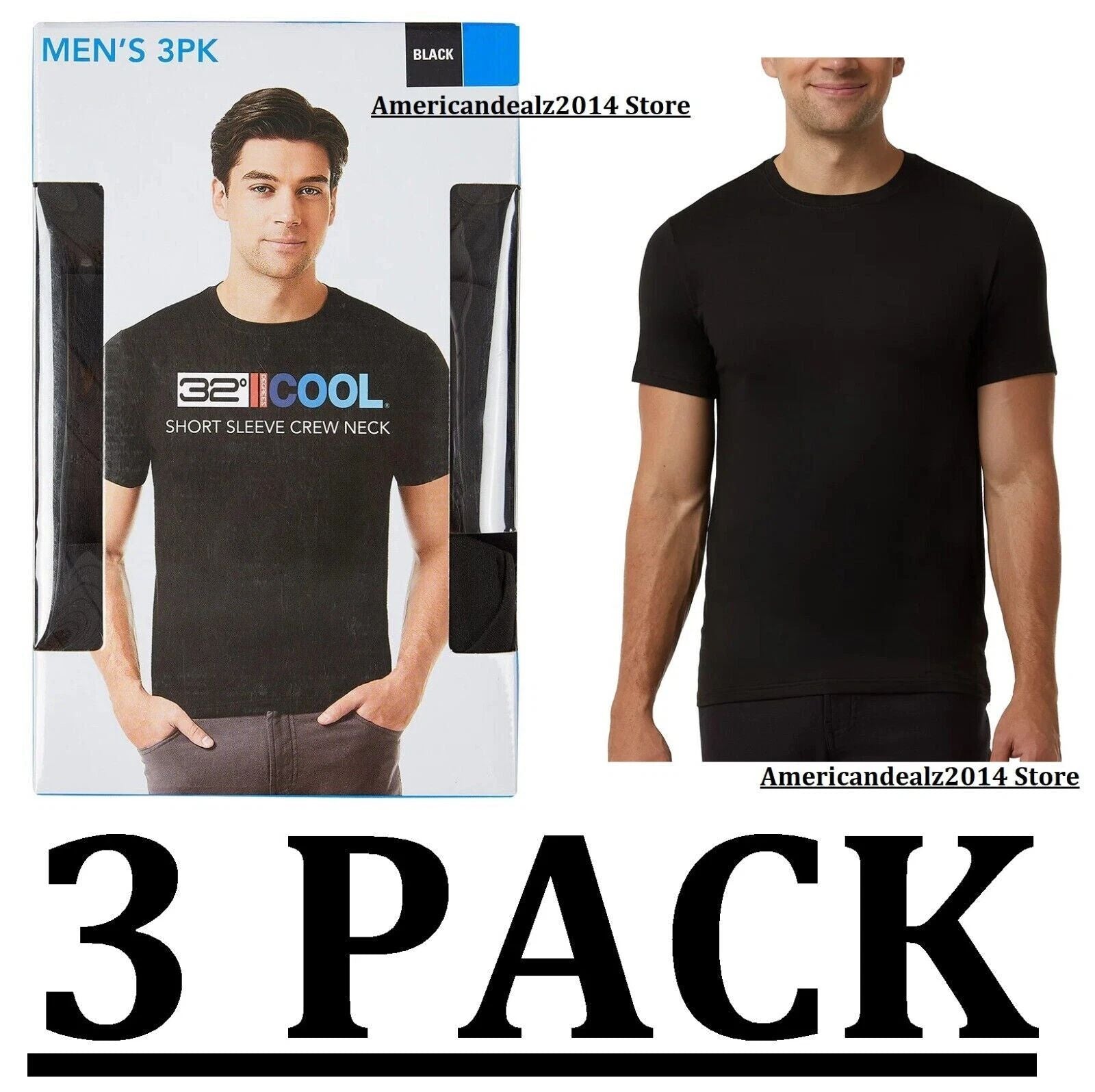 32 DEGREES COOL MEN'S  SHORT SLEEVE CREW NECK SHIRT 3 PACK BLACKS SIZE MALL