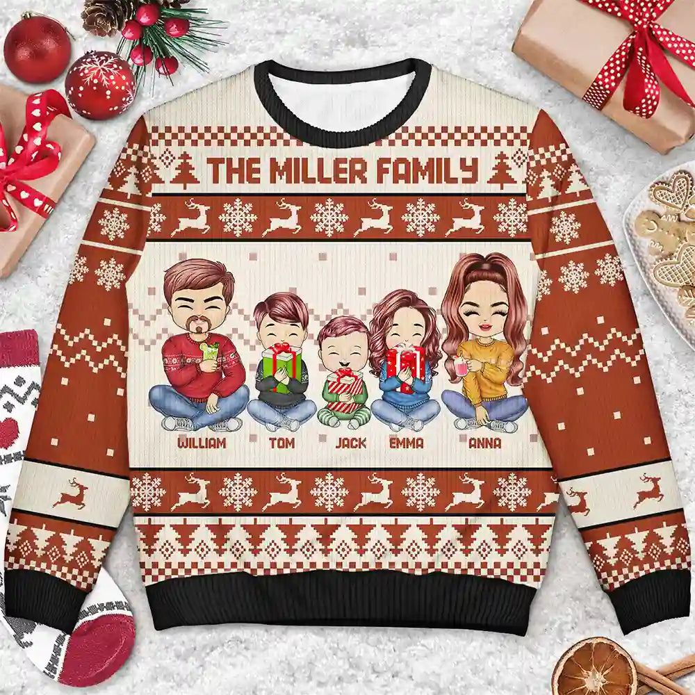 Christmas Chibi Family Holding Gift - Personalized Unisex Ugly Sweater