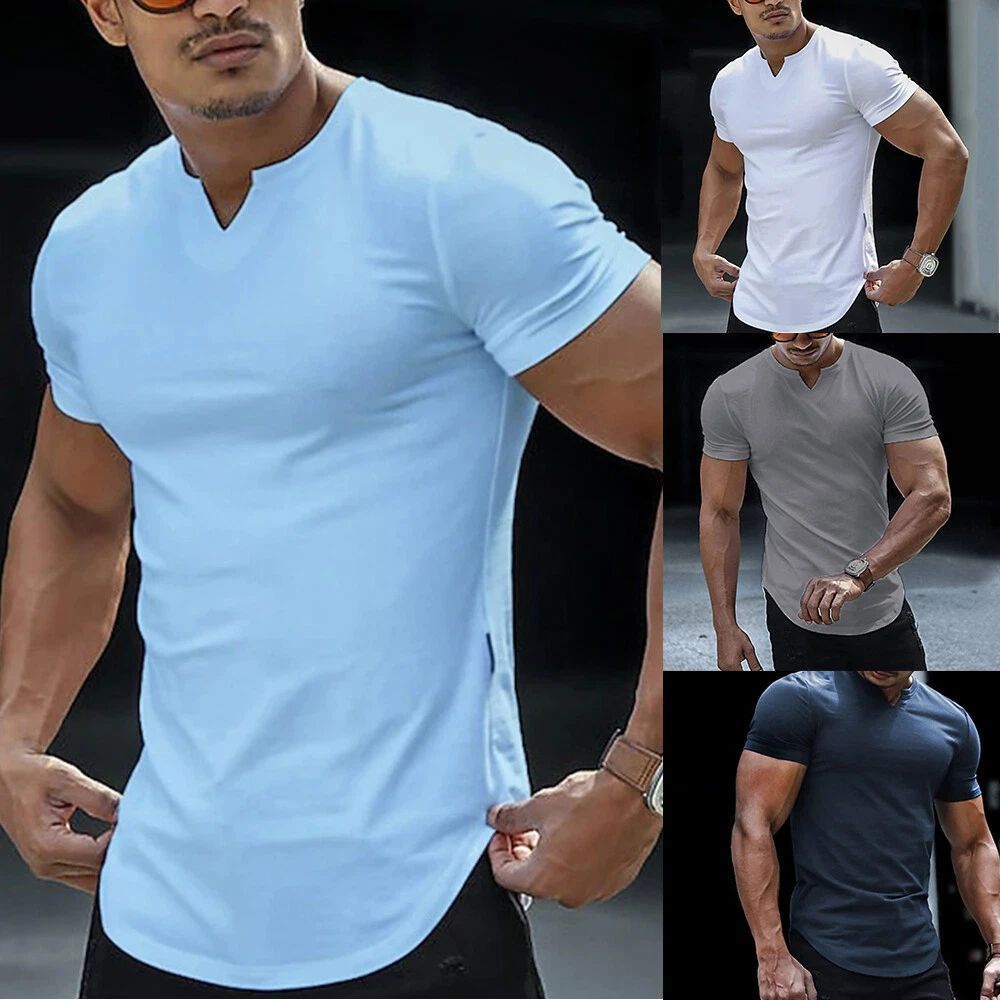 Mens Ripped T-shirt Solid Color Slim Fit V Neck Short Sleeve Tops Streetwear ⇗