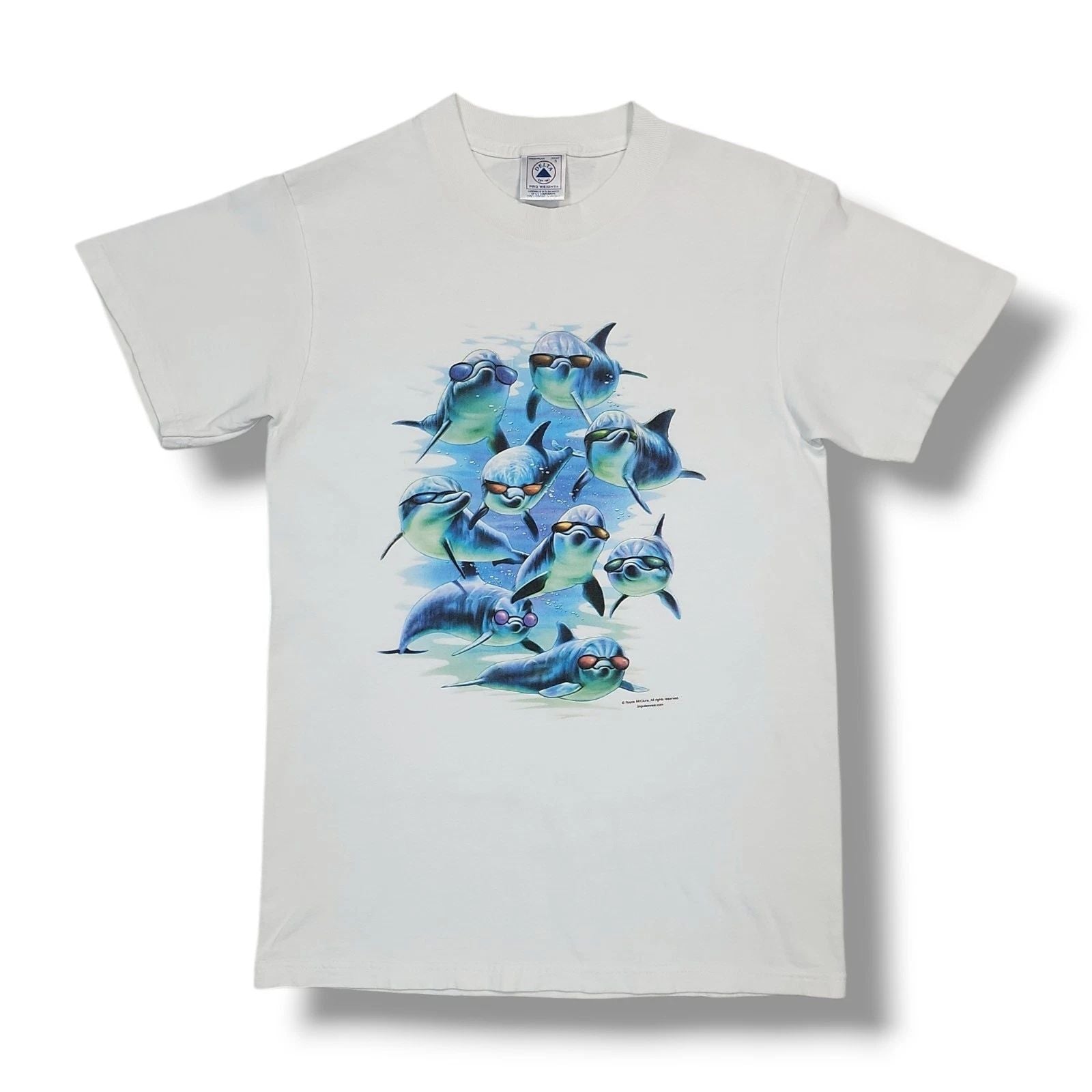 Vintage Royce McClure Dolphins With Sun Glass White Y2K Delta T-Shirt Size Small