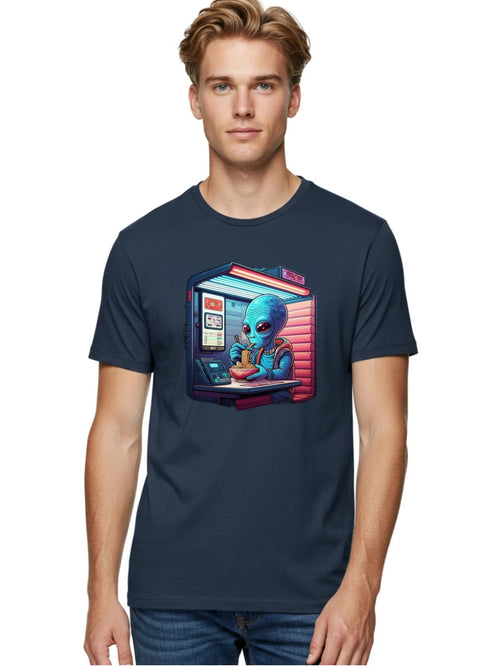 Alien-Eating-Noodles Mens Graphic Tee, 100% Cotton, Casual Summer Wear