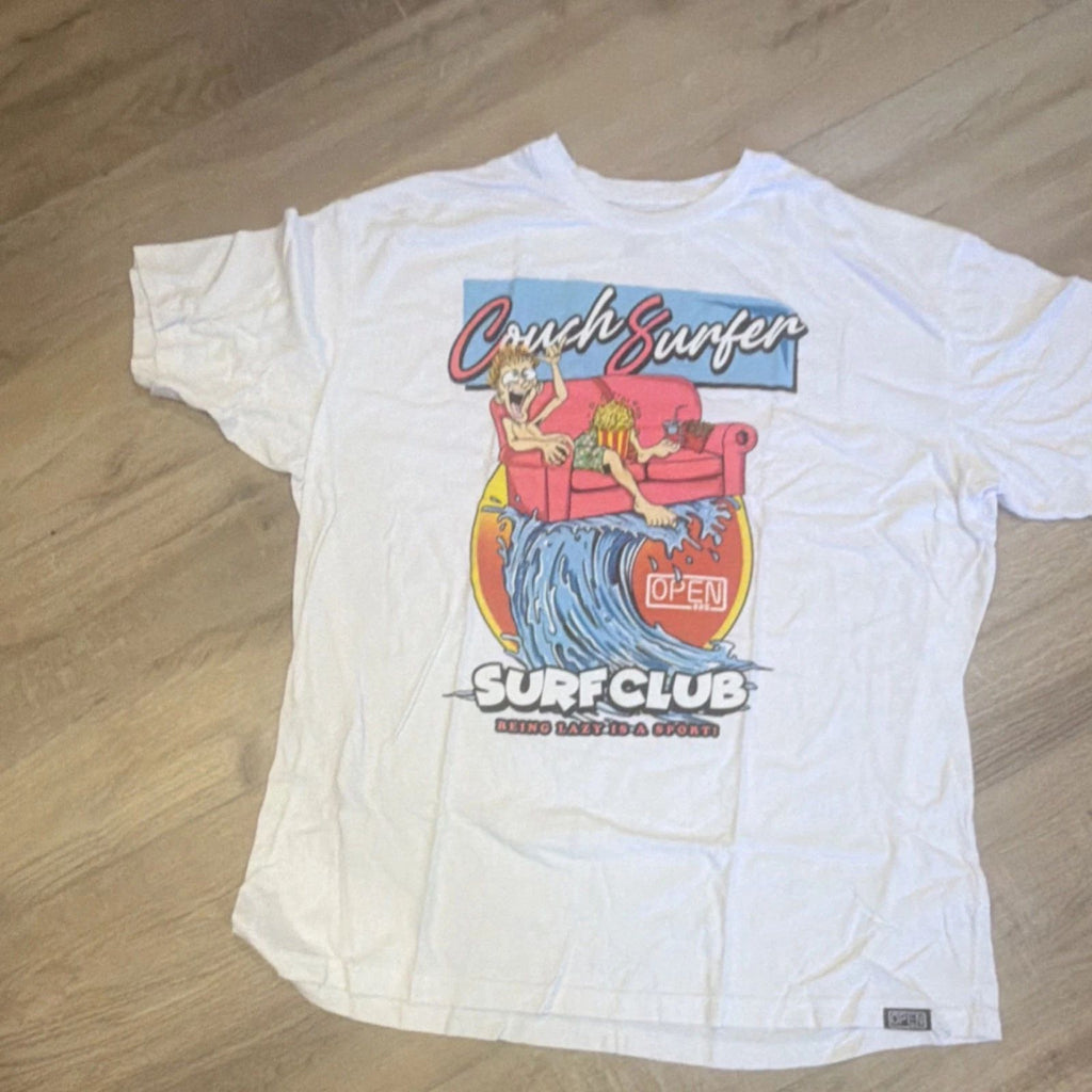 OPEN925 White Couch Surfer Surf Club Graphic T-Shirt Men's 4XL Cotton Crew Neck