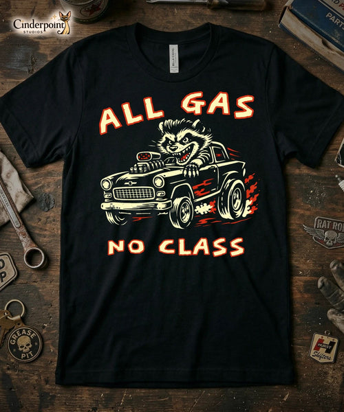 All Gas No Class T-Shirt 1955 Chevy Gasser Raccoon Lowbrow Graphic Tee XS-5X
