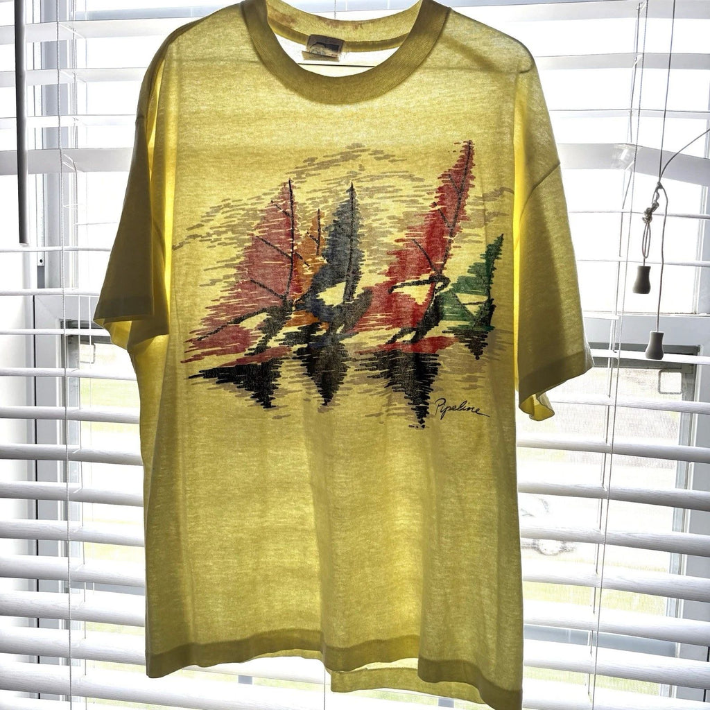 Vintage 80s Surf Tee Pipeline USA XL Paper Thin T Shirt Yellow Sailing Beach