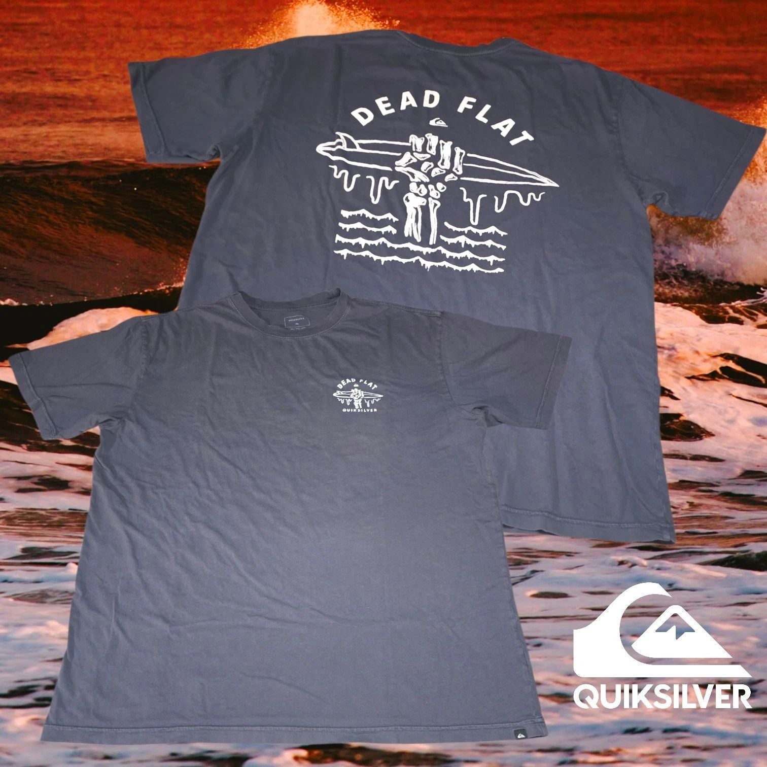 Quiksilver T-Shirt Mens Dead Flat Skeleton Hand Graphic Faded Black XXL