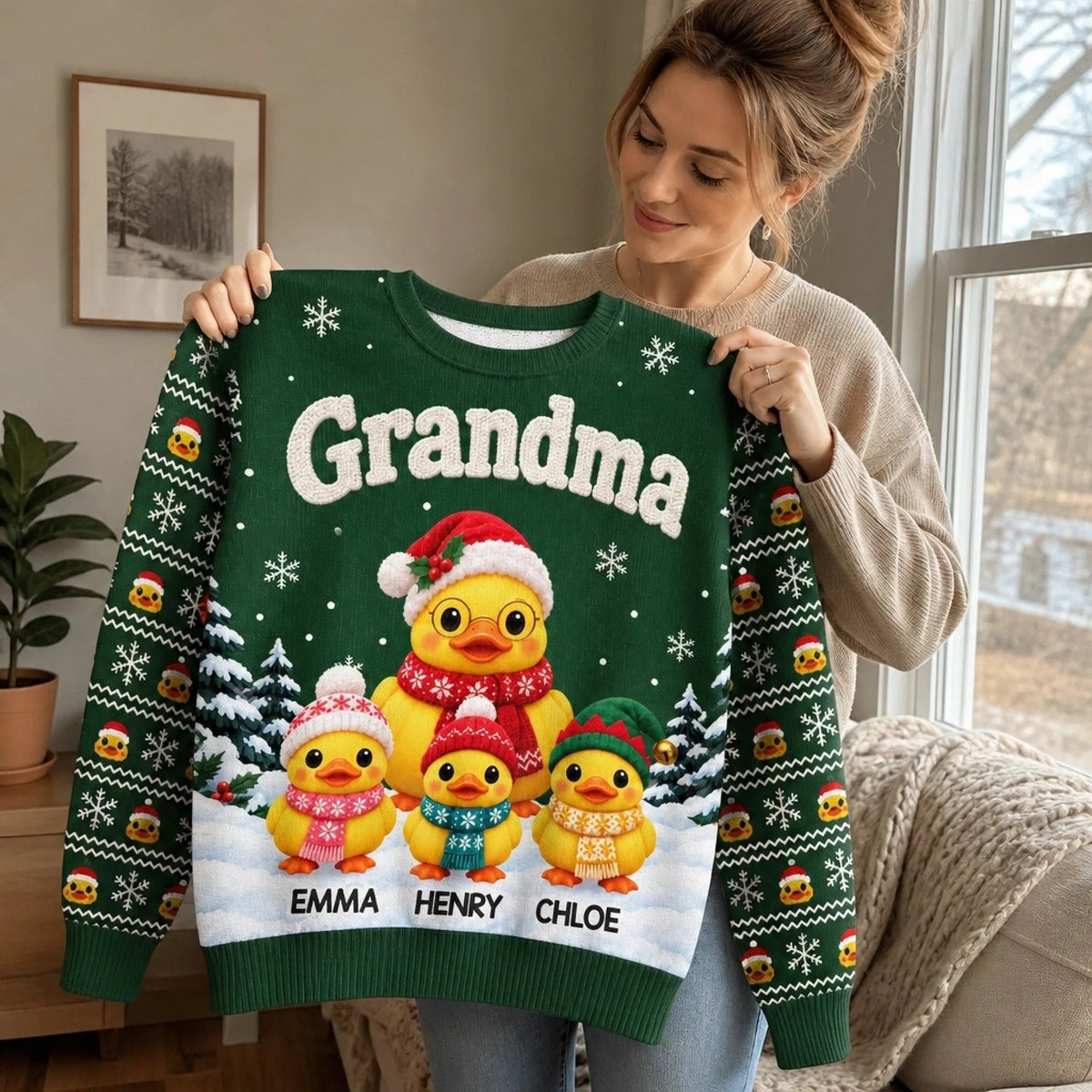 Custom Name Christmas Duck Family Gifts For Grandma - Personalized Ugly Sweatshirt