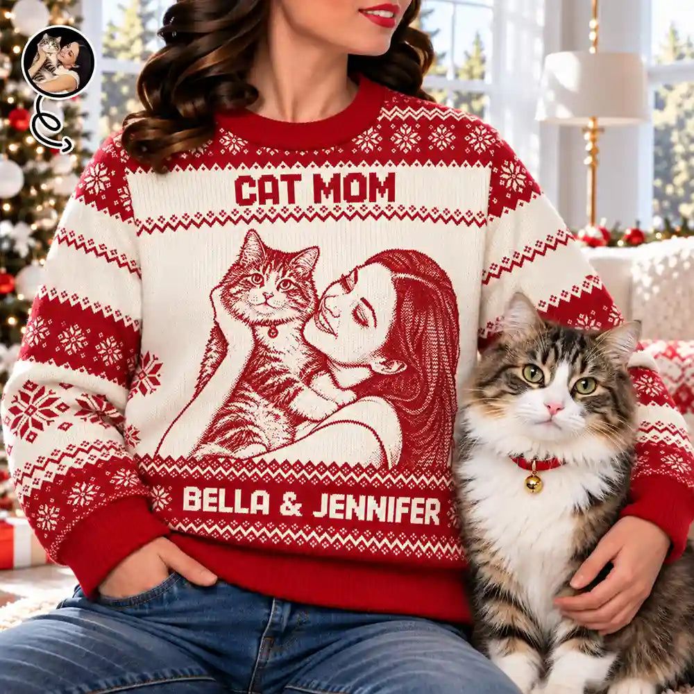 Christmas Gift For Pet Lovers - Personalized Custom Photo Best Dog Mom Ever Knit Line Art Unisex Ugly Sweater