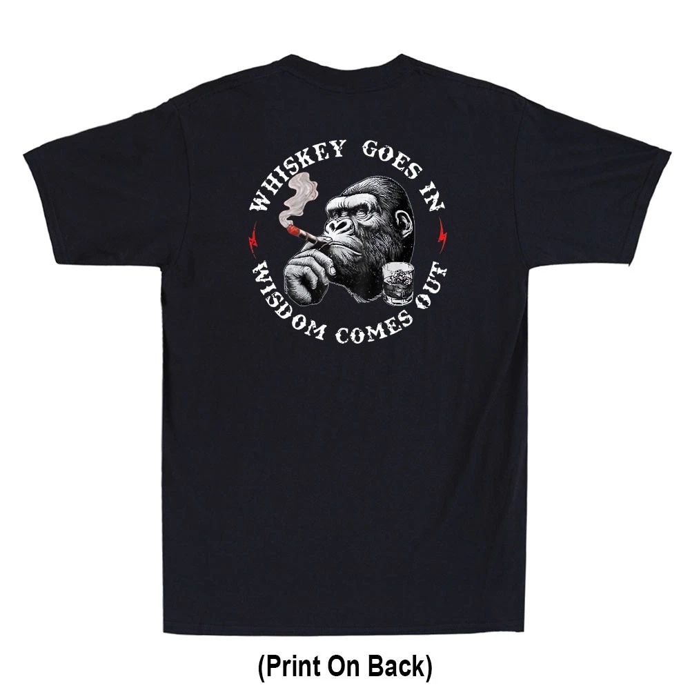 Whiskey Goes In Wisdom Comes Out Funny Monkey Meme (Print On Back) Men's T-Shirt