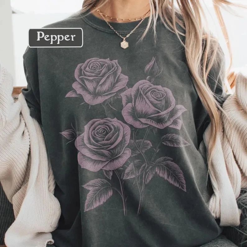 Boho Roses Comfort Tee Cottagecore Style Shirt Soft Relax