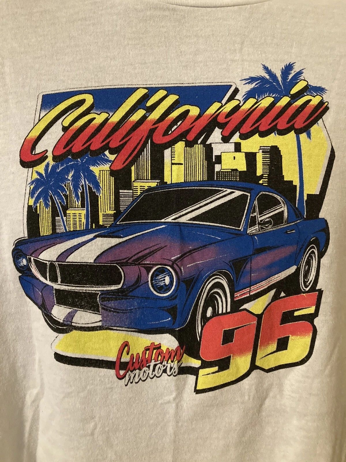 California Custom Motors Men's L 1996 Car Palm Graphic Print T-Shirt Tee