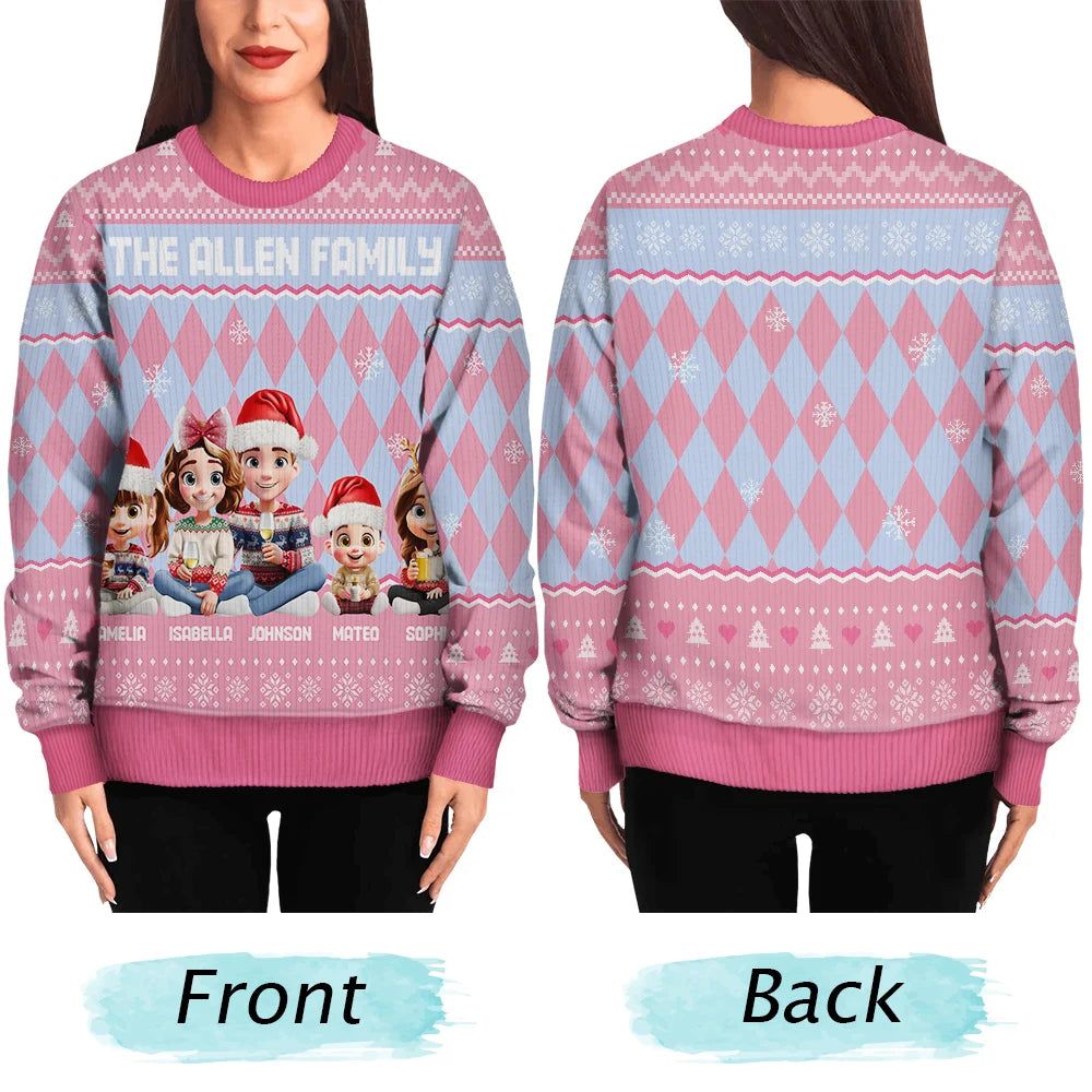Christmas Family With Kids & Pets Argyle Pattern - Personalized Unisex Ugly Sweater