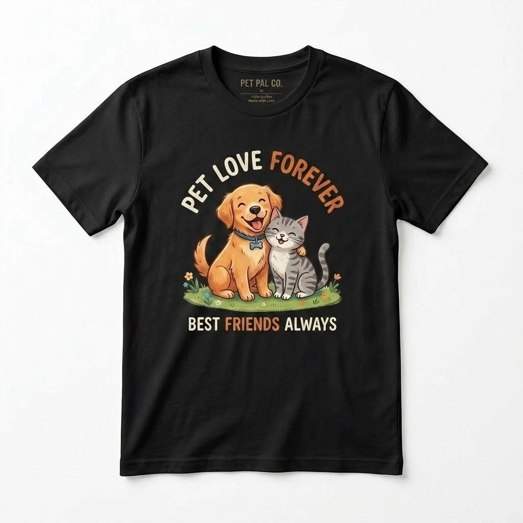 Pet Love Forever T-Shirt Golden Retriever Dog & Cat Best Friends Always Men Blac