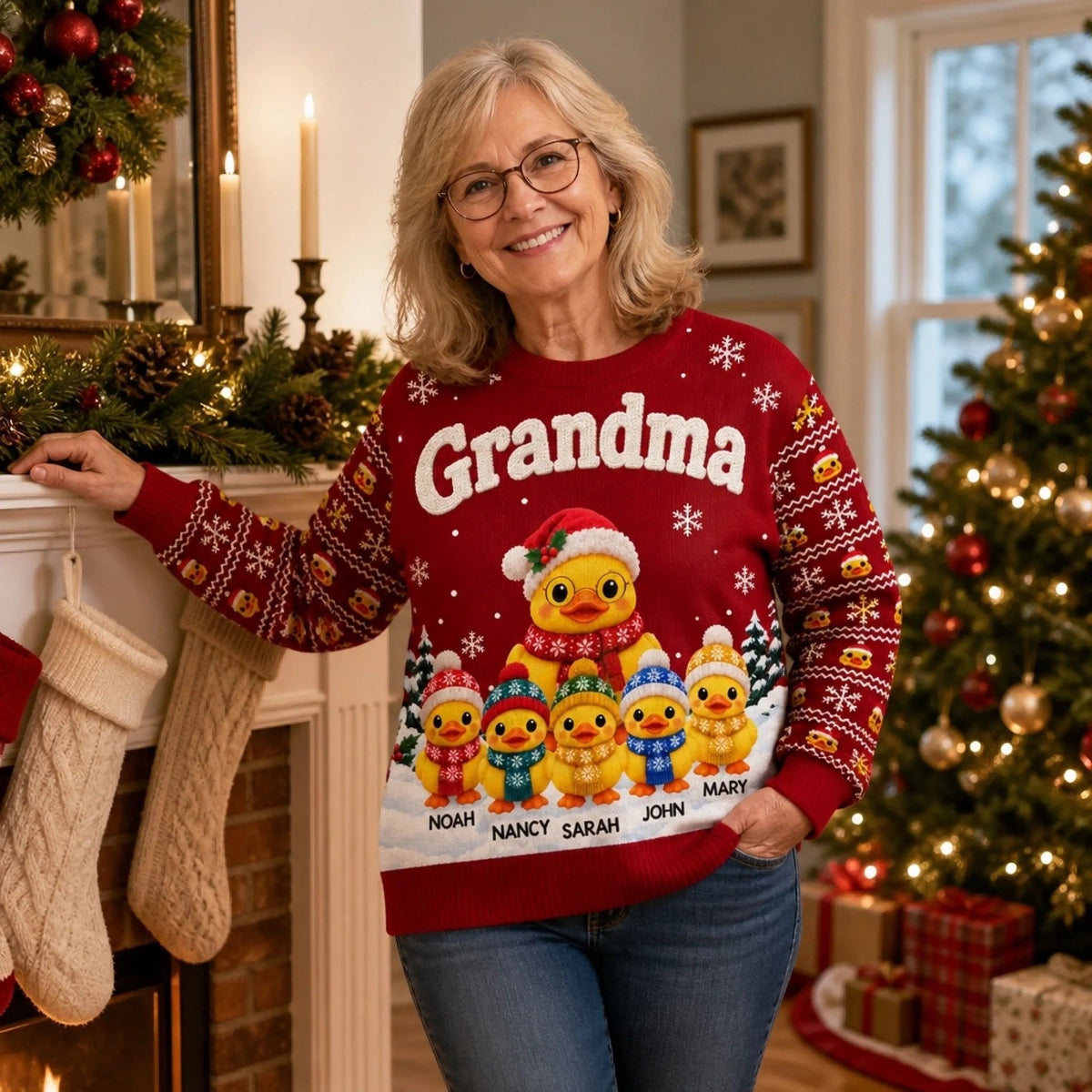 Custom Name Christmas Duck Family Gifts For Grandma - Personalized Ugly Sweatshirt
