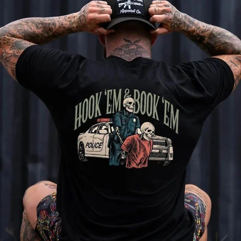 Police hook'em and book'em uniex tshirt, uniex casual graphic tee