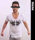 Pistol Boutique men's White Fitted Deep V neck CHEST TATTOO SWALLOWS T-shirt