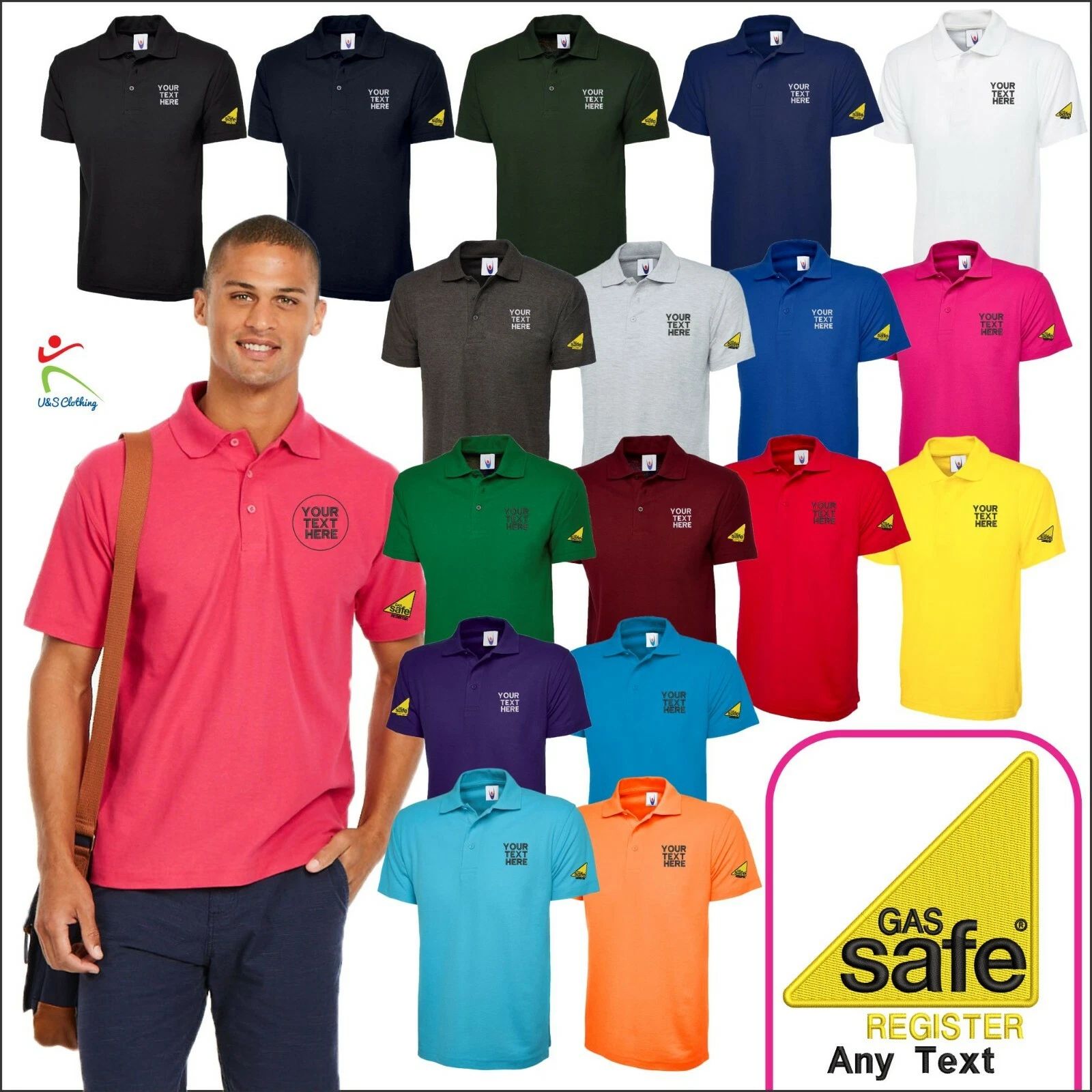 Personalised GAS SAFE REGISTER Embroidered Logo On Sleeve Workwear Polo Shirts