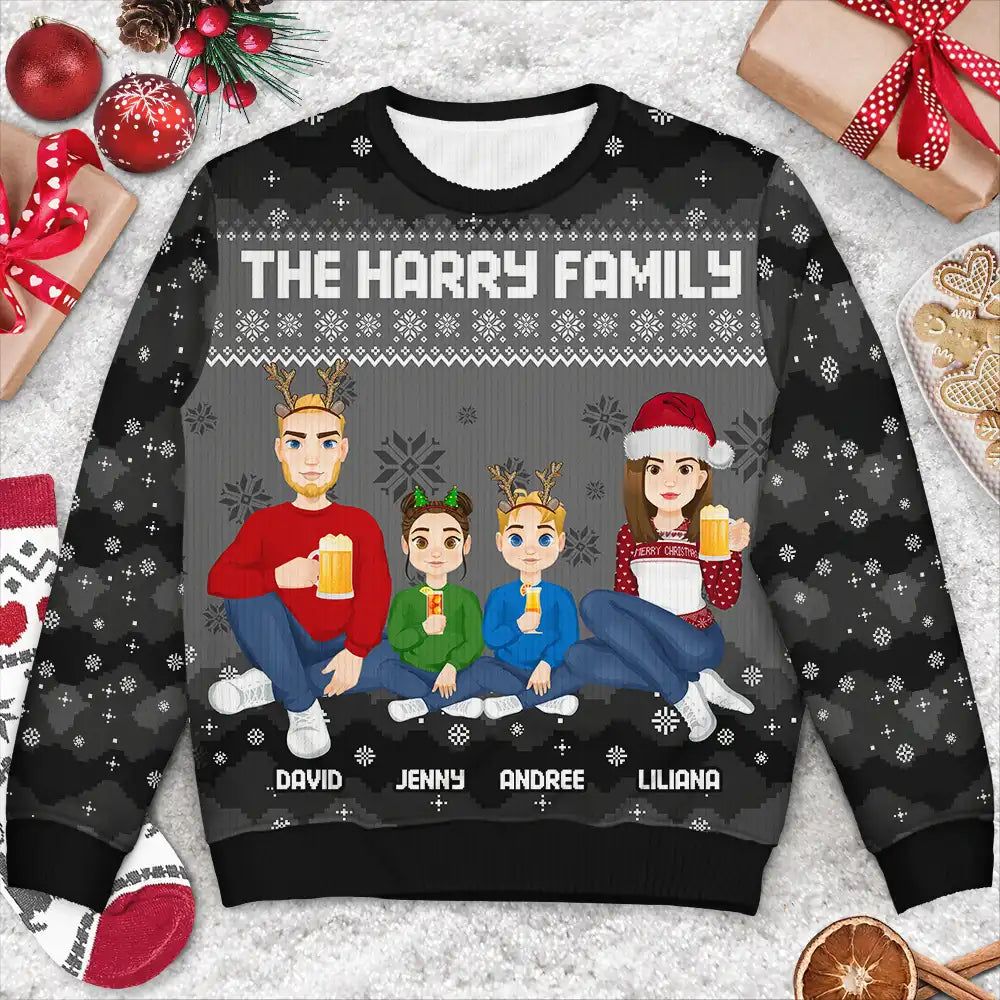 Christmas Pixel Snow Flat Art Family Friends Sitting - Personalized Unisex Ugly Sweater