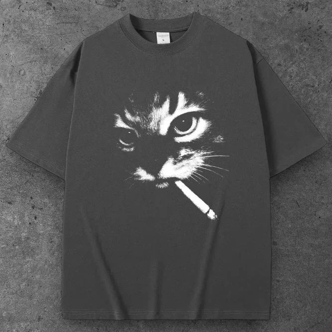 Unisex Smoking Cat Oversized T Shirt Dark Gray Y2K Grunge Streetwear S-2XL