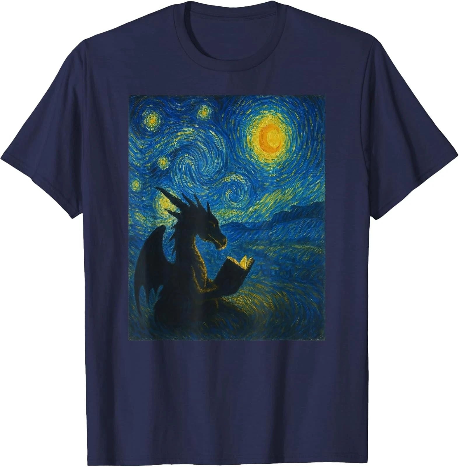 Van Gogh Starry Night Fantasy Reader Dragon Reading Book T-Shirt