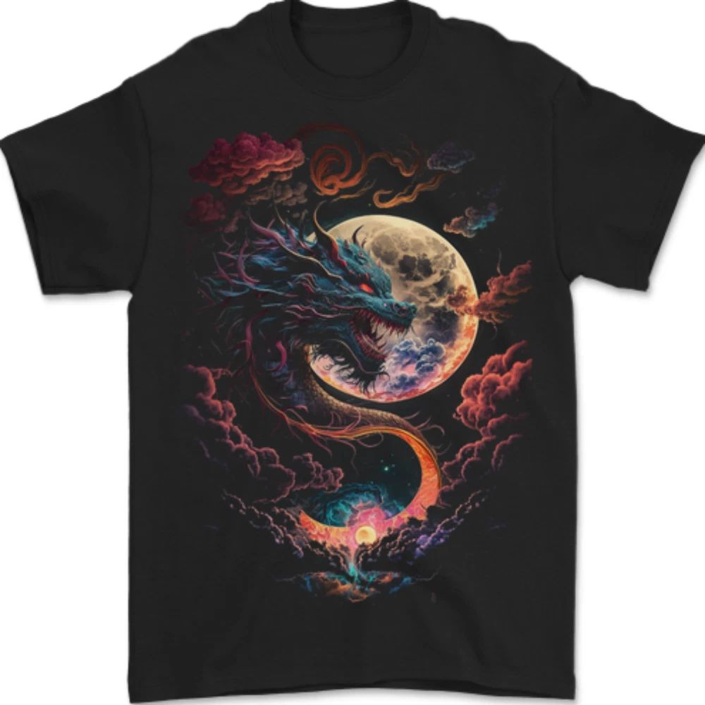 A Fantasy Dragon With a Full Moon Mens T-Shirt 100% Cotton