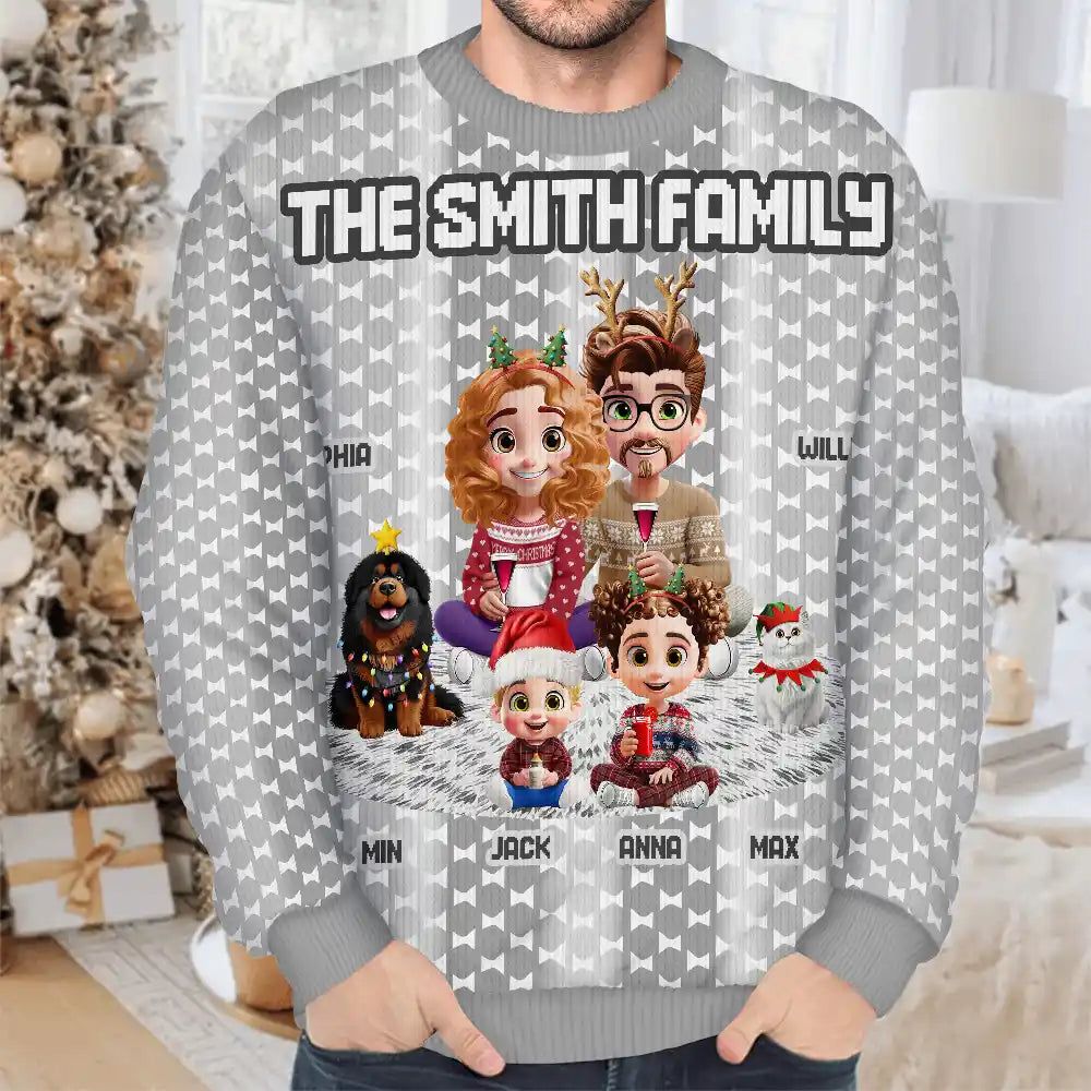 Cute Couple With Kids And Dogs Crochet Stripe Effect - Personalized Unisex Ugly Sweater