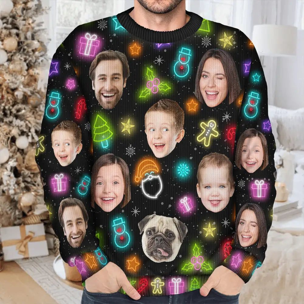 Custom Photo Family Face Neon Style Light It Up - Personalized Unisex Ugly Sweater