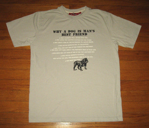 "WHY DOG IS MAN'S BEST FRIEND" Tee, Men's Size SMALL, Gray Tee w/ FUNNY REASONS