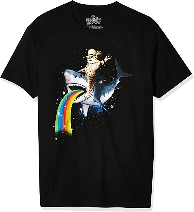 Bucking Sharkaroo Shark Kitten Cowboy Riding Rainbow Space Mens T Shirt GT4780