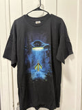 Vintage Alien Abduction Shirt Mens 2XL Black UFO Forest Graphic Tee 90s