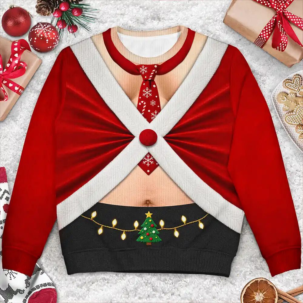Christmas Gift For Husband Dad Grandpa - Personalized Santa Elf Hairy Belly Unisex Ugly Sweater