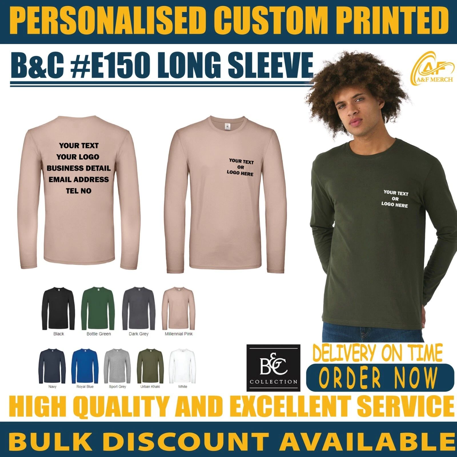 Personalised Custom B&C #E150 Long Sleeve T-shirt Training Casual Cotton BA211