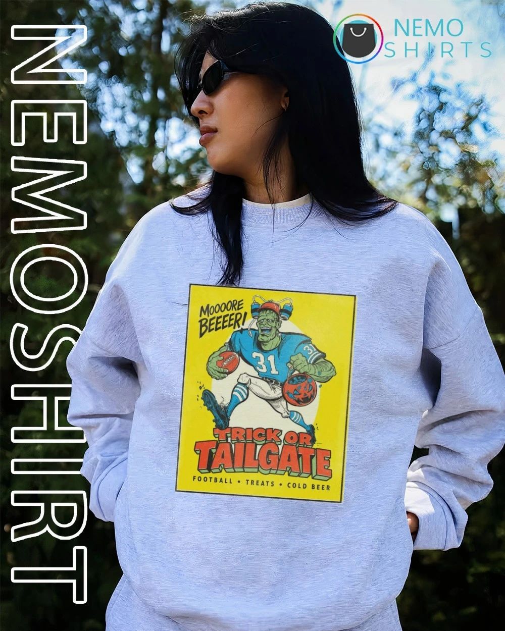 Frankenstein Trick or Tailgate Football Treats Cold Beer Halloween shirt