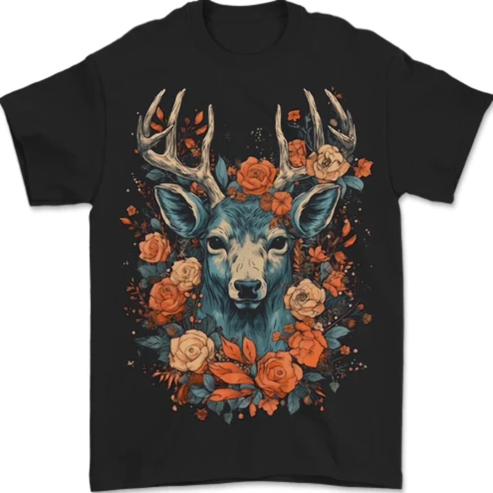 A Fantasy Deer With Flowers Mens T-Shirt 100% Cotton