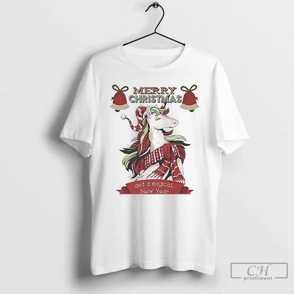 Classic Elegant Christmas Unicorn Scarf Merry Holiday White T Shirts