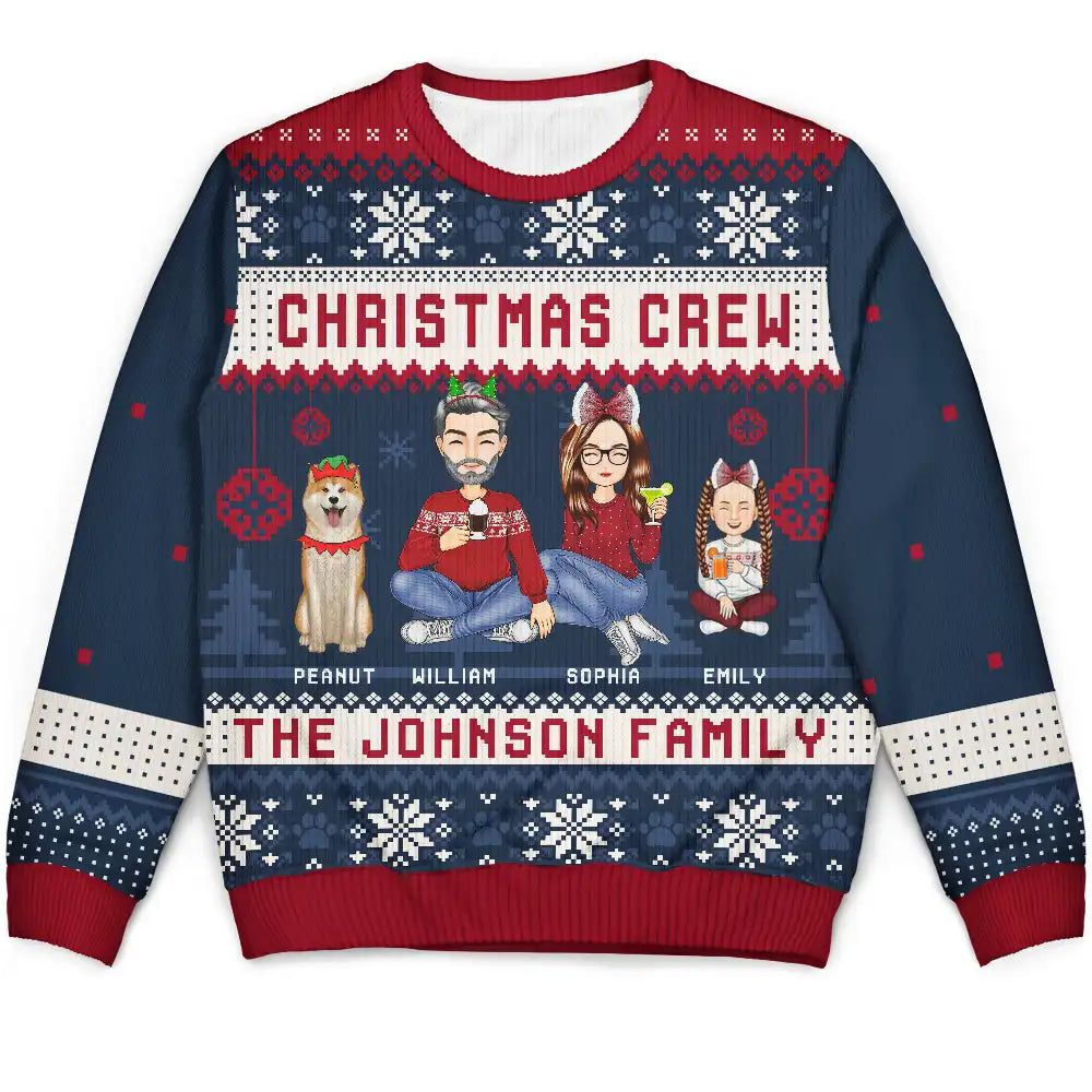 Christmas Crew Family With Dog Cat - Personalized Unisex Ugly Sweater