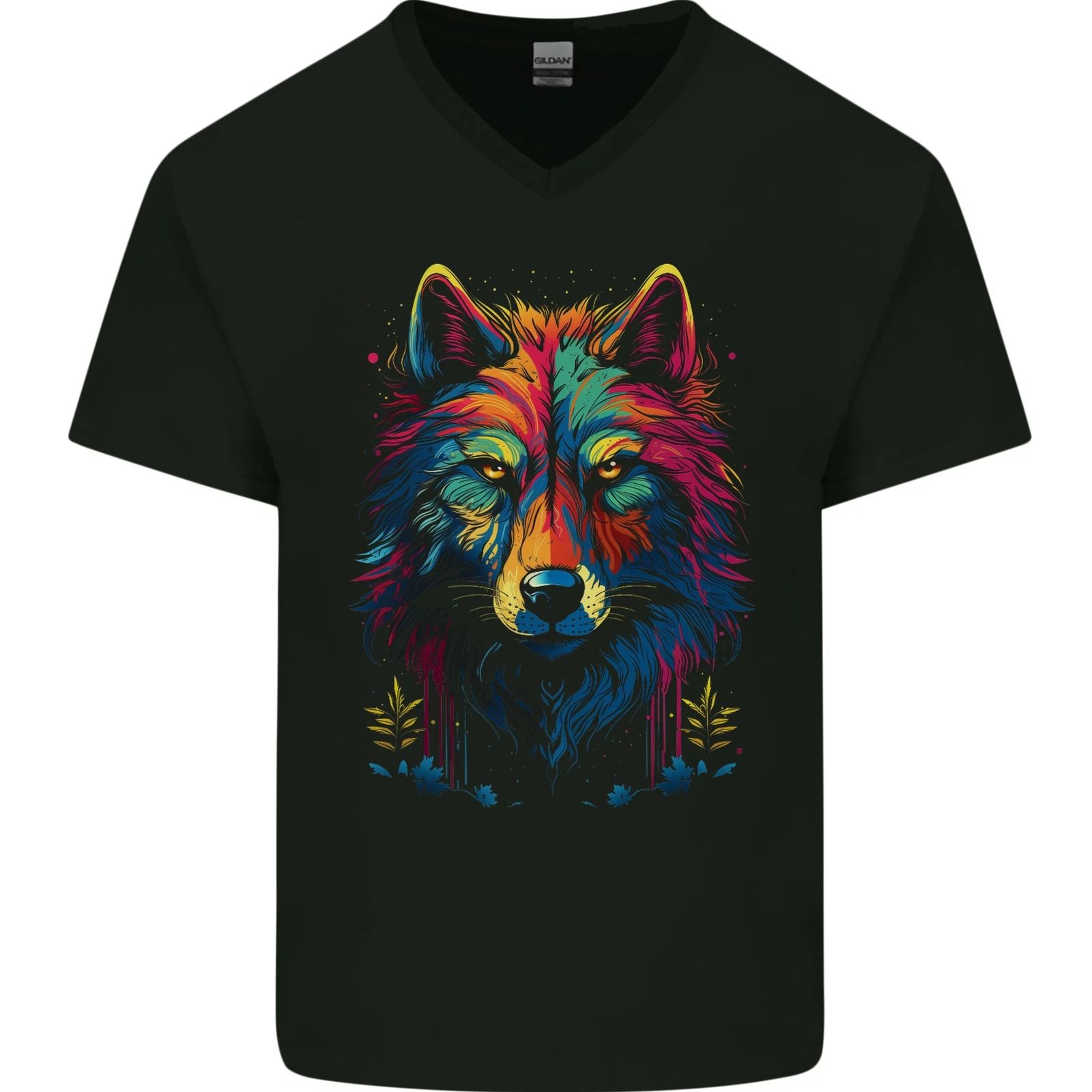 Colourful Fantasy Wolf Face Mens V-Neck Cotton T-Shirt