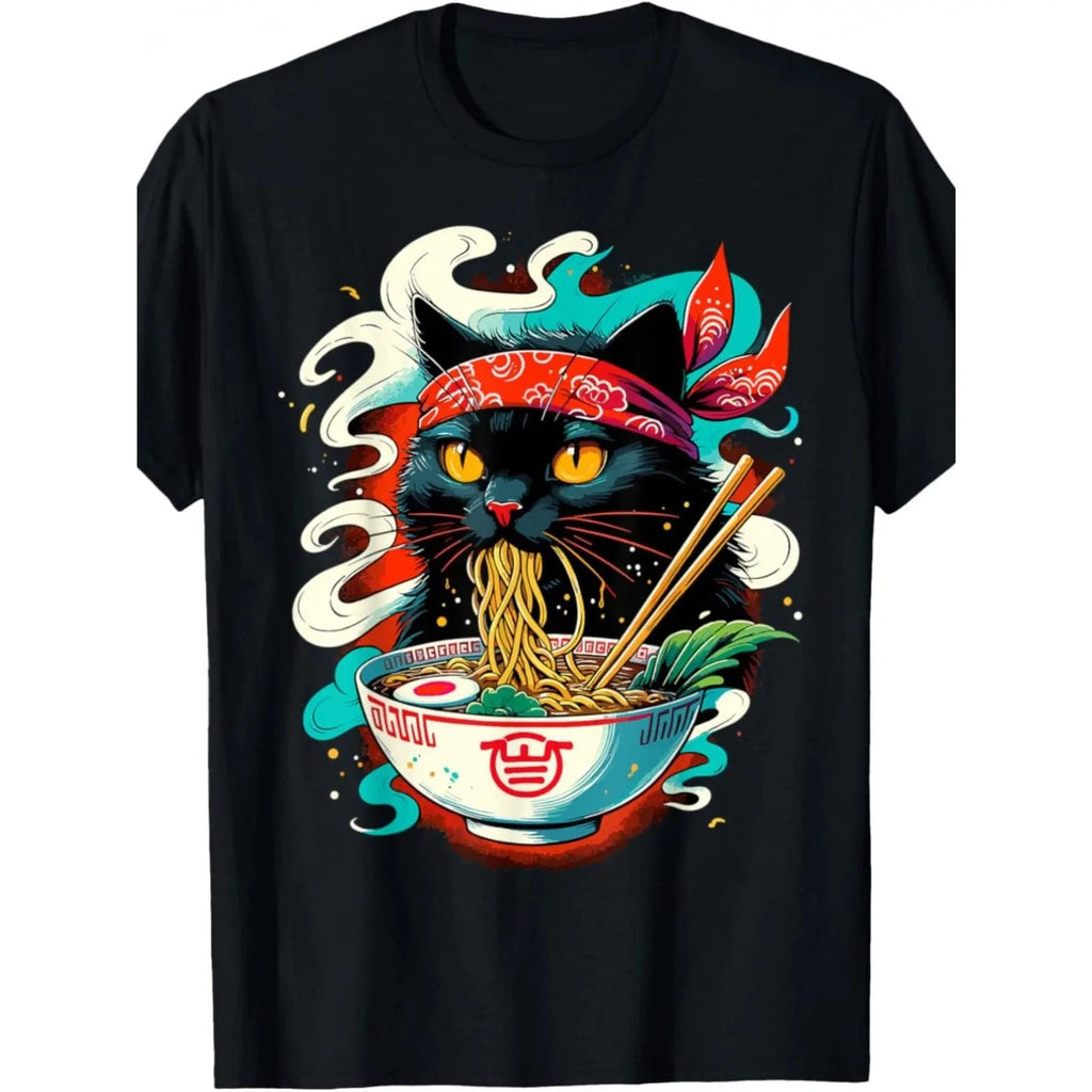 Festive Delight Men's Cute Cat Ramen Graphic T-Shirt Cotton, Crew , Short Sleeve
