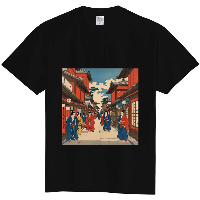 Japanese Ukiyo-e Street Scene T-Shirt | Traditional Edo Town Art Print Tee