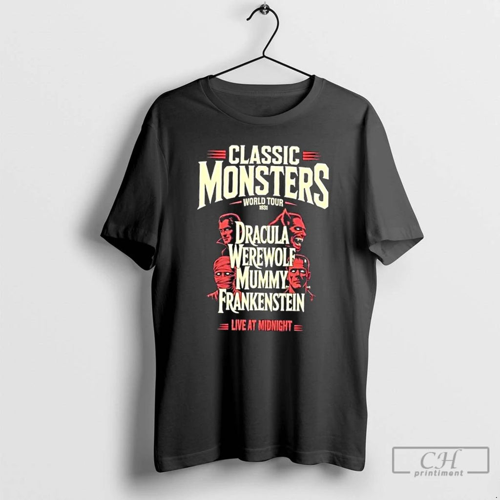 Premium Classic Monsters World Tour 1931 Dracula Werewolf Mummy Frankenstein T Shirts