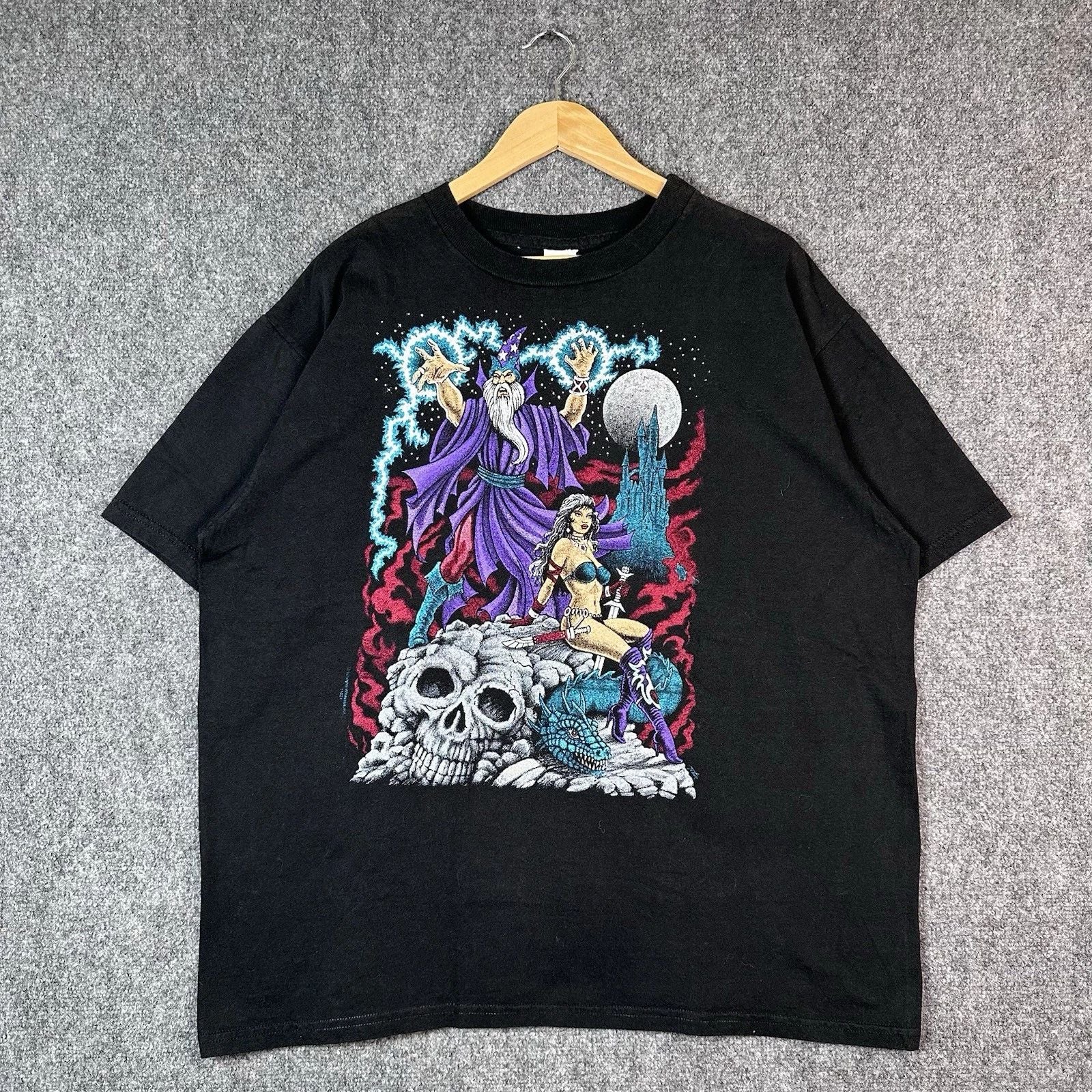 Vintage Late 90s Early Y2K Wizard Pin Up Lightning Graphic Black Tee XL Mexico