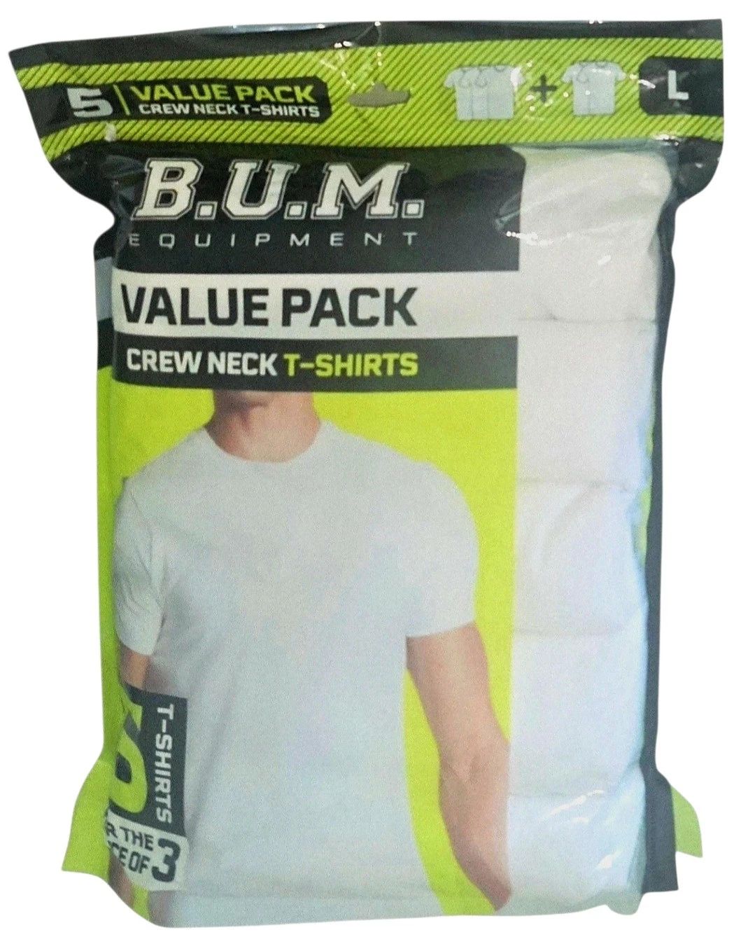 BUM 5x Value Pack Men's T-shirts, Cotton, White, Large