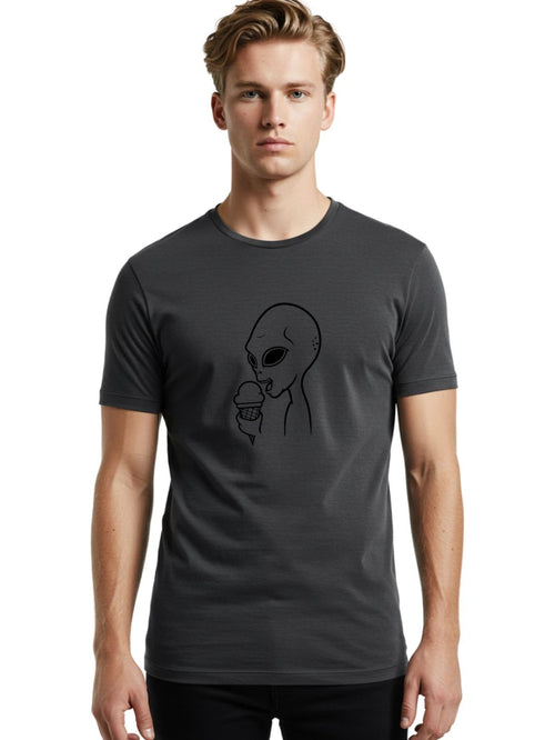 Alien-Eating-Ice-Cream Mens Graphic Tee, 100% Cotton, Casual Summer Wear