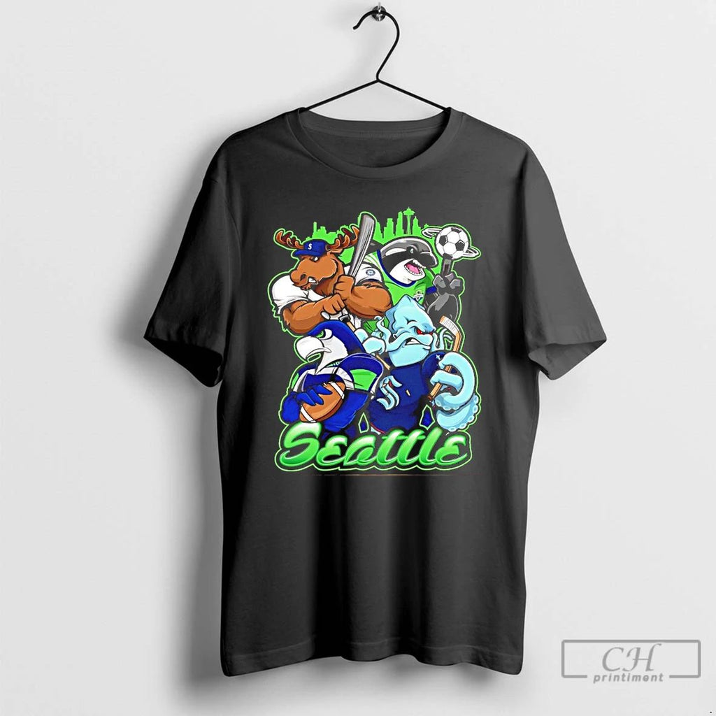 Classic Seahawks Kraken Sounders And Mariners Seattle City Skyline Mascot