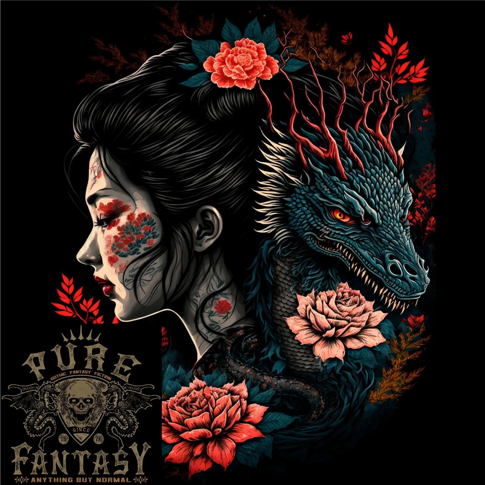 Fantasy Geisha Girl With Dragon & Roses Mens Cotton T-Shirt Tee Top