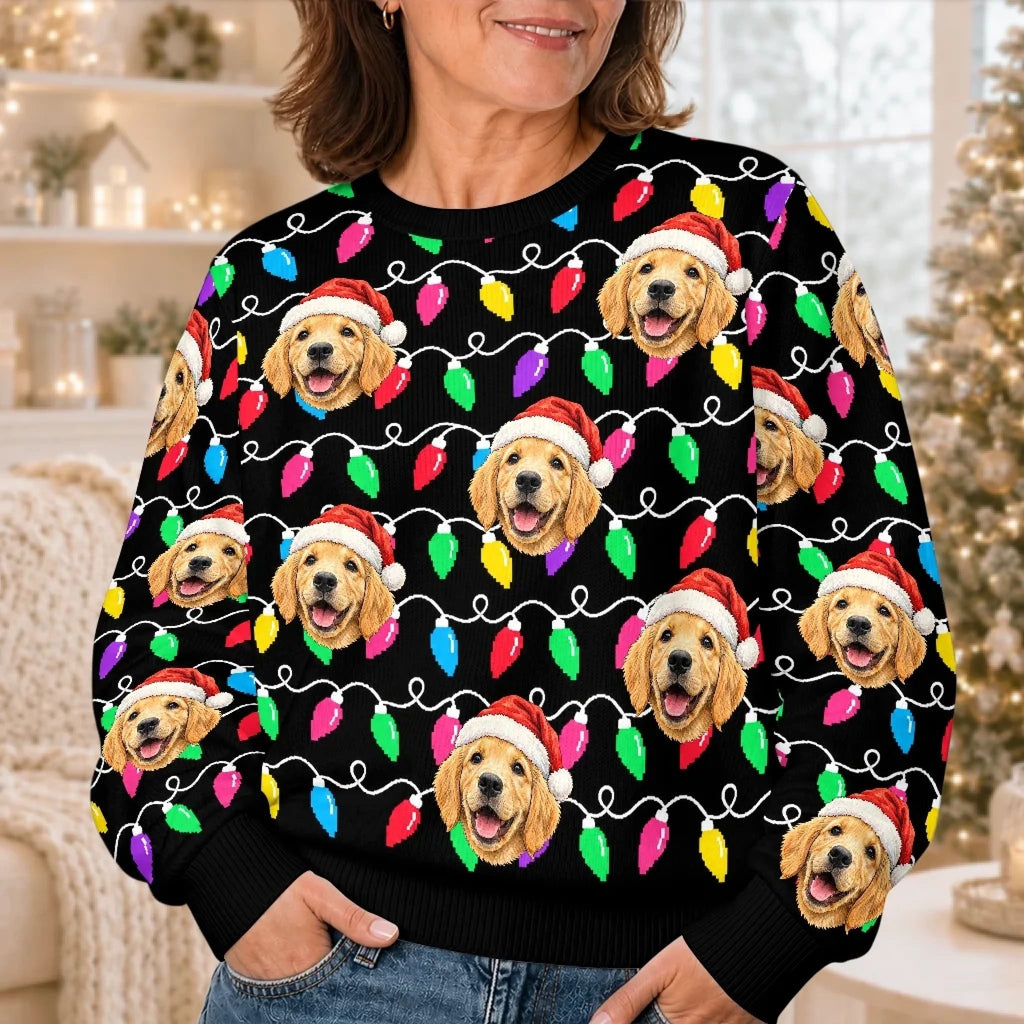 Custom Pet Photo Christmas Light Gifts For Dog And Cat Lovers - Personalized Ugly Sweatshirt