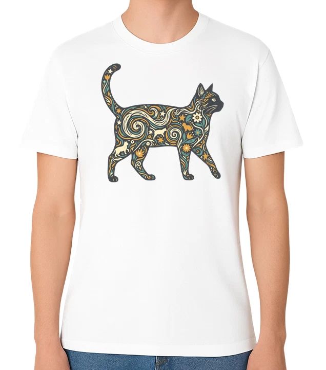 Floral Pattern Cat Art Graphic Unisex T-Shirt Elegant Animal Lover Tee