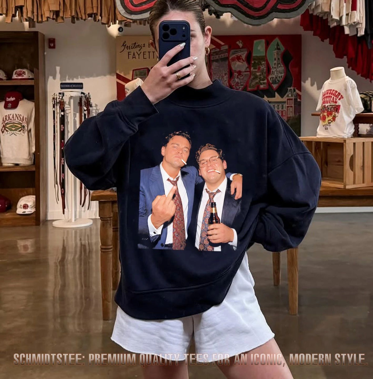 Leonardo DiCaprio and Jonah Hill smoking middle finger shirt