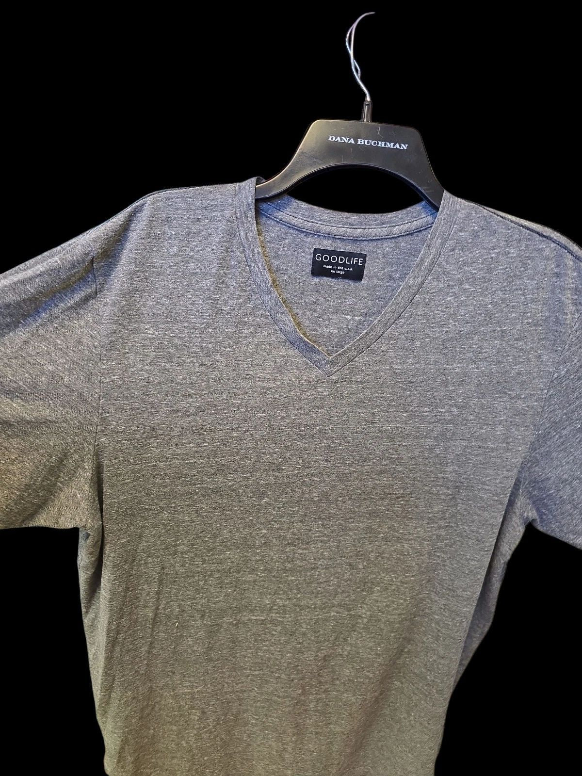 $60 GOODLIFE Made In USA T-Shirt Mens 2XL V-Neck Tee Minimalist Curve Hem Gray